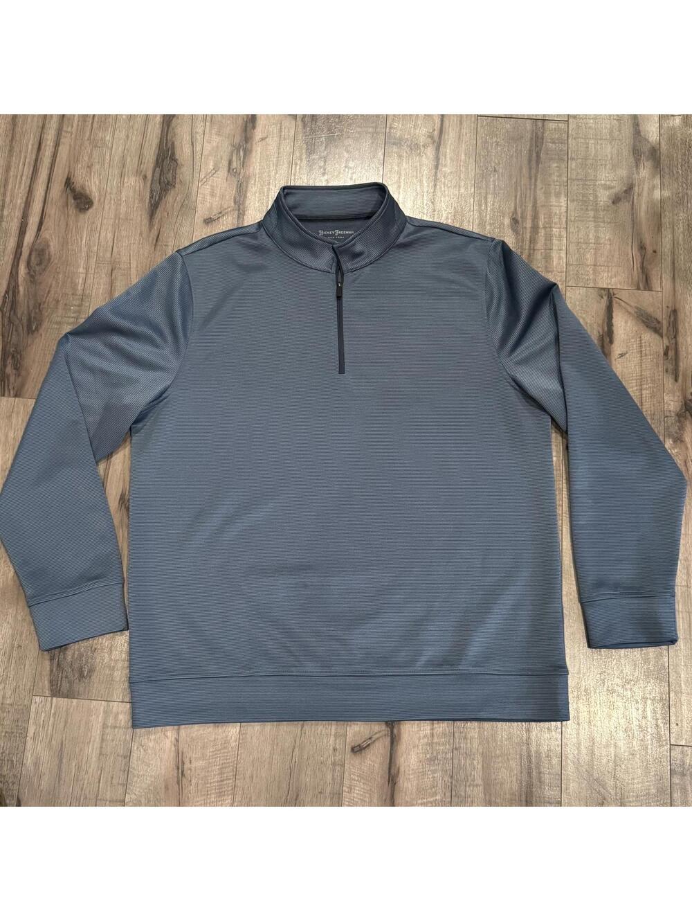 Hickey Freeman 1/4 Zip Pullover Men Large Performance Jacket Stripe Grey Blue